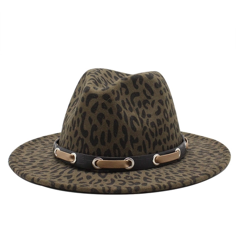 Leopard Print Fedora Hat Wide Brim Woolen Felt Jazz Cap With Leather Band Metal Eyelets Vintage Style For Men Women