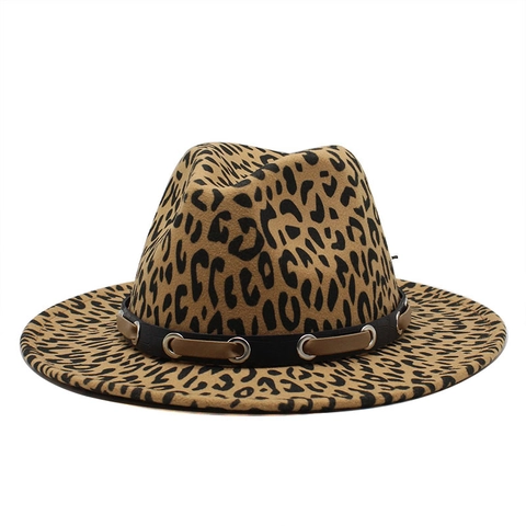 Leopard Print Fedora Hat Wide Brim Woolen Felt Jazz Cap With Leather Band Metal Eyelets Vintage Style For Men Women