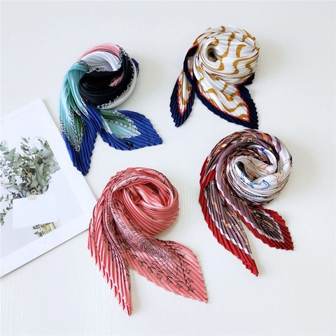 Women Pleated Small Square Scarf Polyester Satiny Neck Scarf Korean Style Geometric Chain Paisley Decorative Accessory