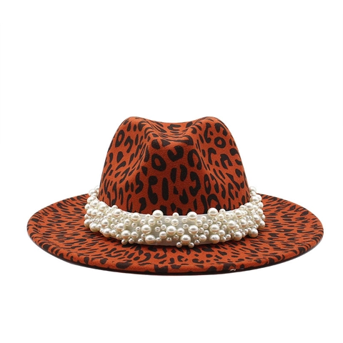 Leopard Print Fedora Hat With Artificial Pearl Band Wide Brim Wool Felt Retro Jazz Cap For Women Men