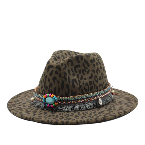 Leopard Print Fedora Hat Ethnic Bohemian Band Turquoise Tassel Wide Brim Felt Jazz Hat For Men Women