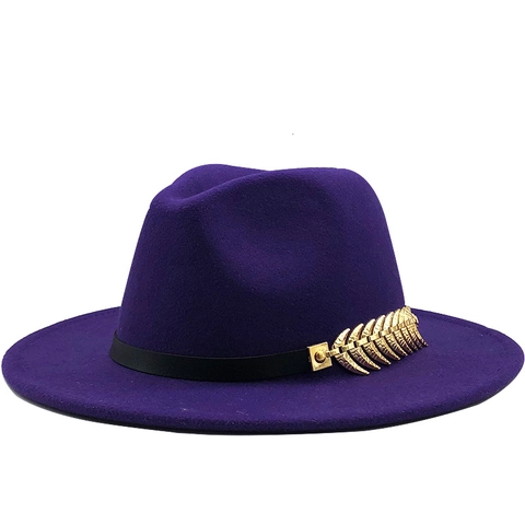 Cappello Fedora Unisex Vintage A Tesa Larga In Feltro Di Lana Cappello Jazz Con Fascia Decorativa Fibbia Foglia Metallo