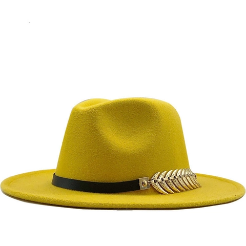 Cappello Fedora Unisex Vintage A Tesa Larga In Feltro Di Lana Cappello Jazz Con Fascia Decorativa Fibbia Foglia Metallo