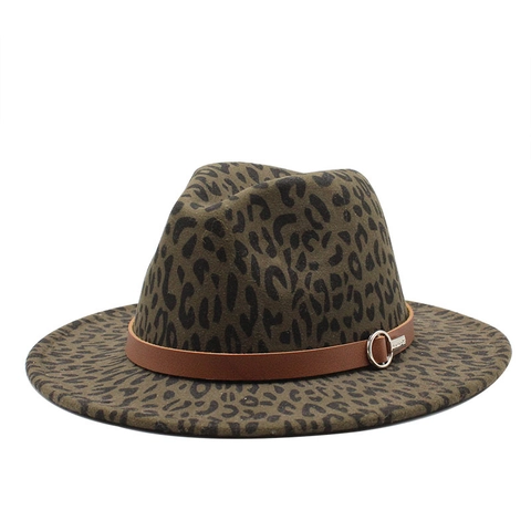 Leopard Print Fedora Hat Wide Brim Felt Jazz Cap With Leather Band Metal Buckle For Men Women Vintage Style