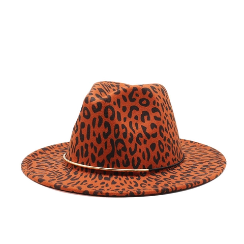 Leopard Print Fedora Hut Vintage Wollfilz Breite Flache Krempe Jazz Kappe Mit Metallband Für Damen Herren