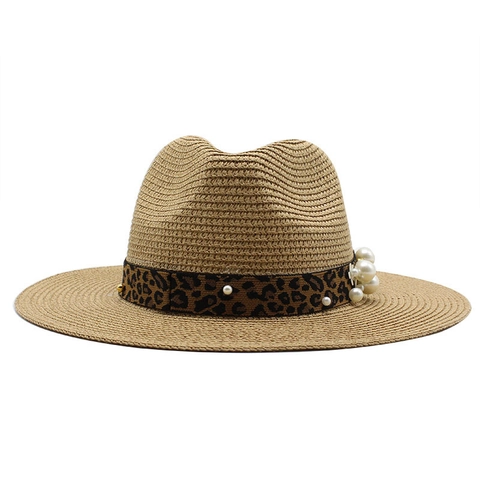 Cappello Fedora In Paglia Protezione Solare Spiaggia Estate Jazz Con Nastro Leopardato E Decorazione In Künstliche Perle Per Donne