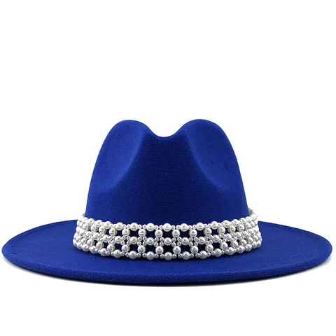 Elegant Women Fedora Hat Wool Felt Wide Brim Jazz Cap With Braided Faux Artificial Pearl Band Vintage Retro Style