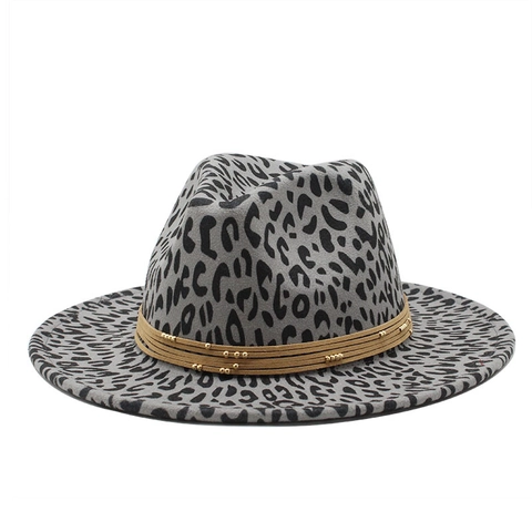 Leopard Print Fedora Hat Wide Flat Brim Cotton Polyester Jazz Style Western Decorative Beaded Band For Women Men