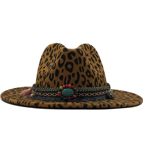 Leopard Print Fedora Hat Woolen Bohemian Ethnic Band With Turquoise Tassels Wide Flat Brim Jazz Hat For Women
