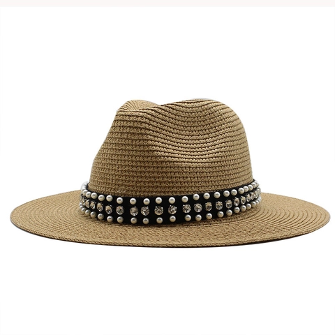 Eleganter Damen Strohhut Fedora Breiter Krempe Sonnenschutz Künstliche Perlen Strass Dekoration Sommer Strand Jazz Stil
