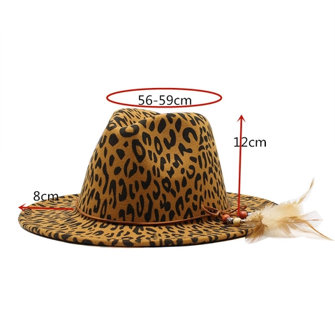 Leopard Print Fedora Hat Wide Flat Brim Feather Leather Cord Wood Beads Unisex Western Retro Bohemian Style