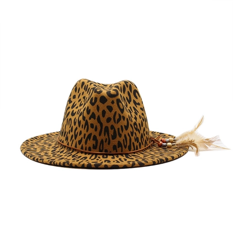 Leopard Print Fedora Hat Wide Flat Brim Feather Leather Cord Wood Beads Unisex Western Retro Bohemian Style