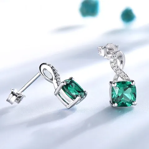 Orecchini Pendenti in Argento Sterling 925 con Nano Smeraldo e Zirconia per Donna Taglio Cushion Quadrato Gioielli
