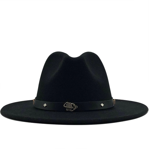 Cappello Fedora A Tesa Larga Feltro Di Lana Vintage Jazz Berretto Con Fibbia A Scorpione Cintura Con Borchie Moda
