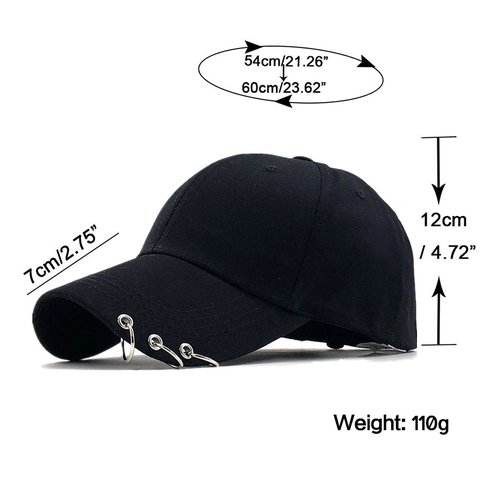 Unisex Cotton Baseball Cap With Three Iron Rings Streetwear Adjustable Sun Hat Outdoor Punk Style Plain Color