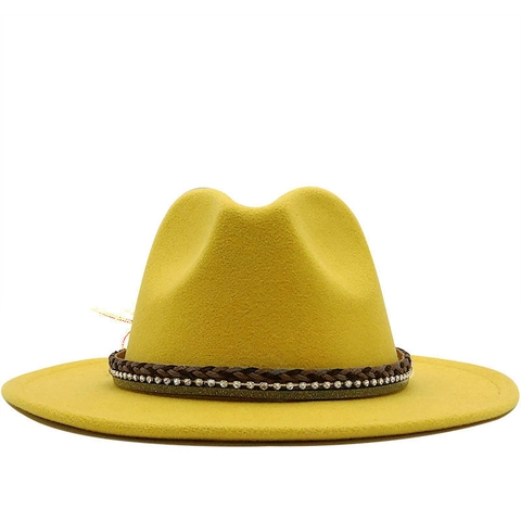 Cappello Fedora A Tesa Larga Feltro Di Lana Elegante Vintage Stile Britannico Jazz Con Strass Treccia In Pelle Unisex