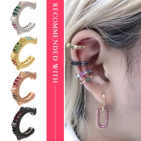 Punk Brass C-Shaped Ear Cuff With Colorful Rhinestone Inlay Spiky Rivet Non-Pierced Clip Earrings For Women Fashion Jewelry