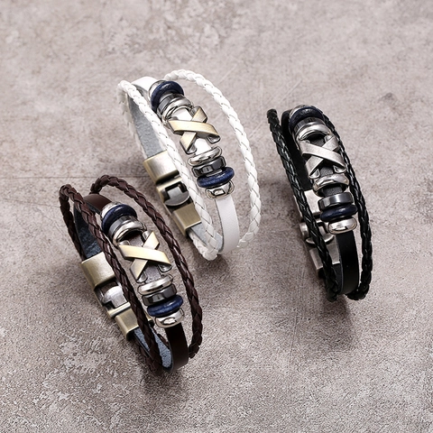 Bracelet En Cuir Tressé Multicouche Vintage Avec Charme Métallique X Perles Style Punk Pour Hommes Femmes