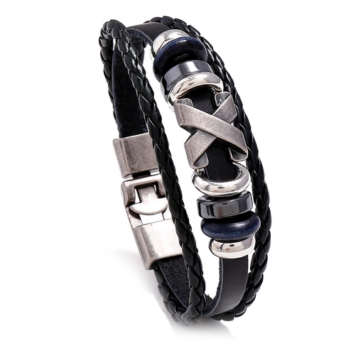 Bracelet En Cuir Tressé Multicouche Vintage Avec Charme Métallique X Perles Style Punk Pour Hommes Femmes