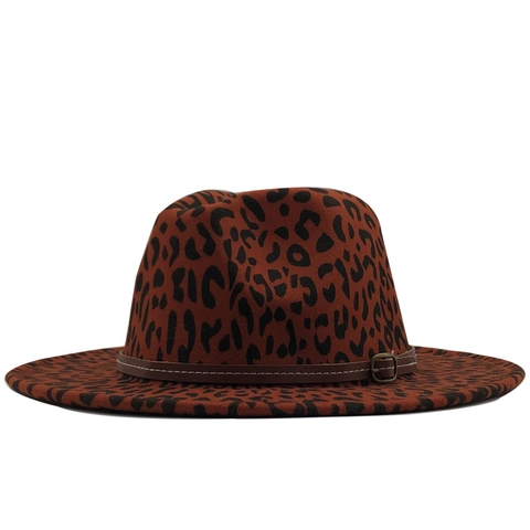 Cappello Fedora Con Stampa Leopardata Feltro Di Lana Tesa Larga Con Fibbia Della Cintura In Ecopelle Berretto Jazz Moda