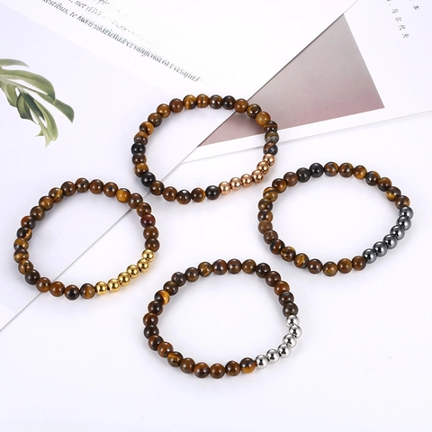 Natural Tiger Eye Stone Beaded Bracelet With Stainless Steel Beads Elastic Minimalist Fashion Jewelry Men Women