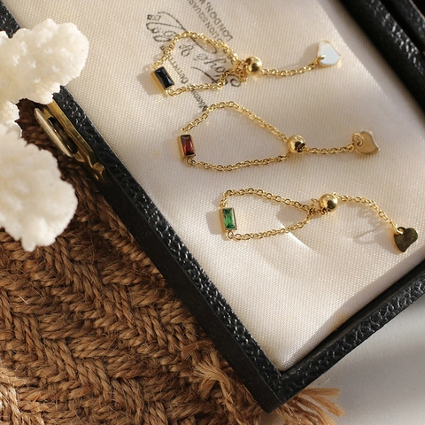 Verstellbarer Kettenring Edelstahl Rechteckiger Zirkon Edelstein Herzanhänger Vintage Vergoldeter Schmuck Damen