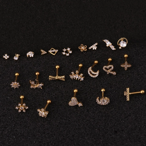 Stainless Steel Ear Cartilage Stud Earrings Inlaid Zircon Double Sided Screw Back Fashion Piercing Jewelry Women