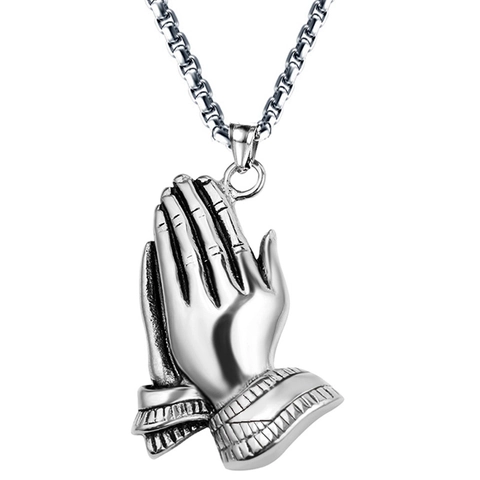 Collar con Colgante de Manos en Oración de Acero de Titanio Retro para Hombres Joyería Religiosa Hip Hop Cadena de Caja Oro Plata
