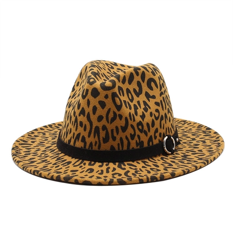 Fedora Hut Leopardenmuster Wollfilz Breiter Rand Retro Jazz Kappe Mit Metallringschnalle Für Herren Damen