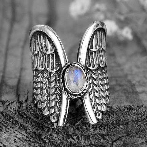 Angel Wings Ring Antique Silver Plated Alloy Moonstone Gothic Bohemian Retro Hand Jewelry For Women