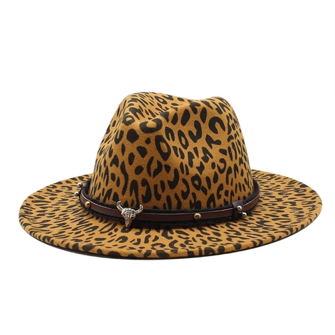 Cappello Fedora Leopardato Stile Western Tesa Larga Feltro Di Lana Berretto Jazz Con Teschio Di Toro Cinturino In Pelle