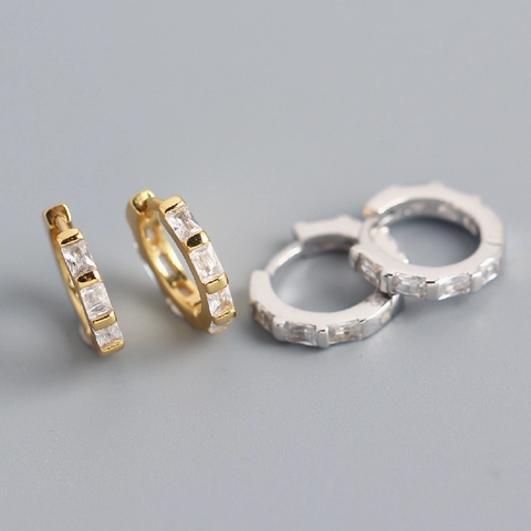 Orecchini A Cerchio In Argento Sterling 925 Con Zirconi Taglio Baguette Geometrico Minimalismo Gioielli Da Donna