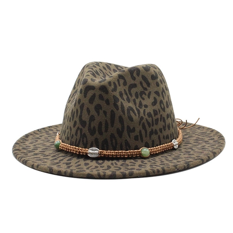 Leopard Print Fedora Hat Wool Felt Large Wide Brim Vintage Bohemian Style Braided Band Bead Decor Jazz Cap Unisex