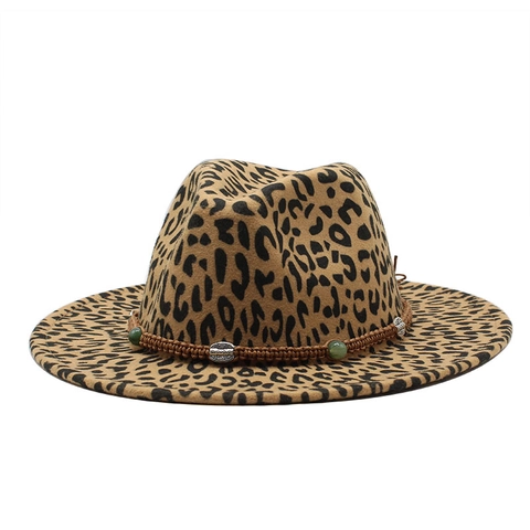 Leopard Print Fedora Hat Wool Felt Large Wide Brim Vintage Bohemian Style Braided Band Bead Decor Jazz Cap Unisex