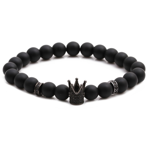 Bracciale Di Perline In Pietra Nera Opaca Con Ciondolo Corona In Rame Micro Pave Zircone Gioielli Elastici Fatti A Mano