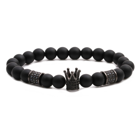 Bracciale Di Perline In Pietra Nera Opaca Con Ciondolo Corona In Rame Micro Pave Zircone Gioielli Elastici Fatti A Mano