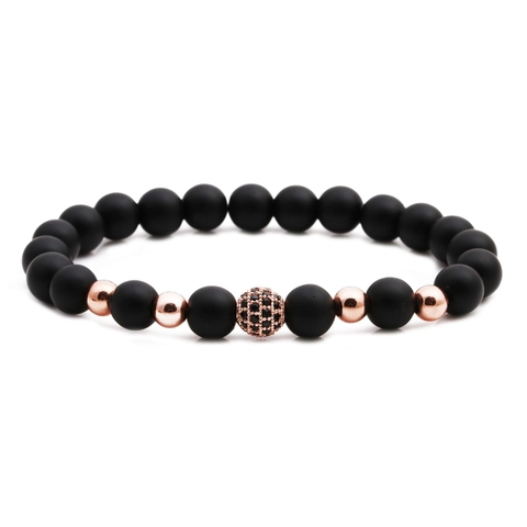 Matte Schwarze Naturstein Perlenarmband Mit Kupferkugel Und Zirkonia Eleganter Unisex Schmuck