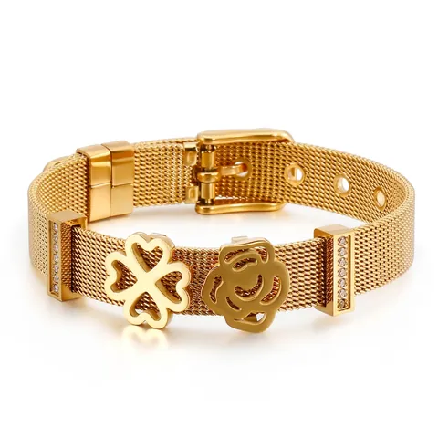 Pulsera De Malla Para Mujer De Acero De Titanio Ajustable Trébol De Cuatro Hojas Rosa Dije Diamante De Imitación Joyería