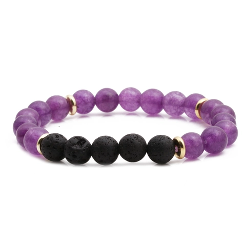 Natuurlijke Amethist En Lavasteen Kralenarmband Met Koperen Tussenstukken Handgemaakte Elastische Yoga Genezingssieraden