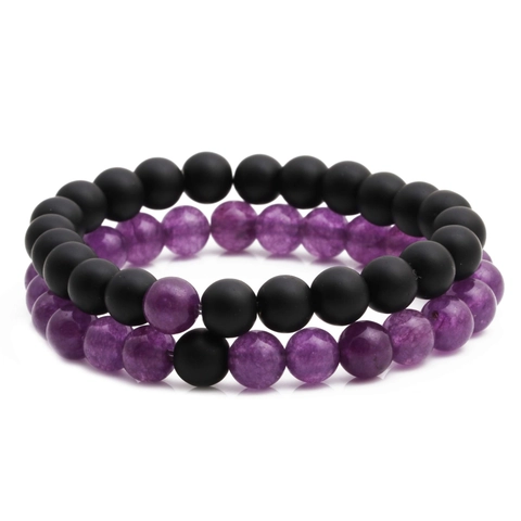 Bracciale Elastico Di Perline Di Ametista Naturale E Pietra Nera Opaca Cristallo Guaritore Fatto A Mano Unisex