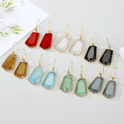 Pendientes Colgantes De Cristal Trapezoidal Geométrico Vidrio Irregular Facetado Aleación Retro Joyas De Moda