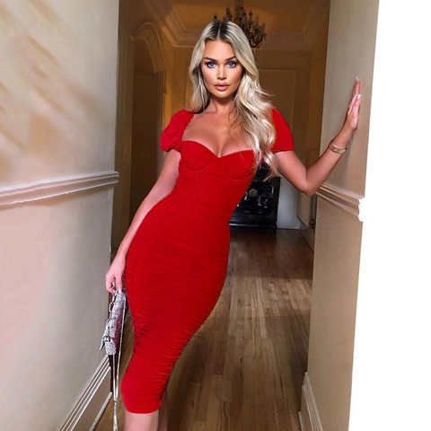 Vestido Midi Ajustado Fruncido Sexy para Mujer Elegante de Malla con Cuello Cuadrado Manga Abullonada Color Sólido Fiesta