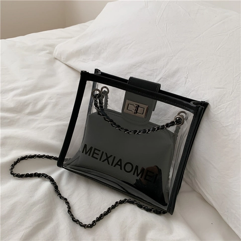 Transparente PVC Schultertasche Und Schwarze Innentasche Metall Kettenriemen Quadratische Umhängetasche Für Damen Mode Trendiger Stil