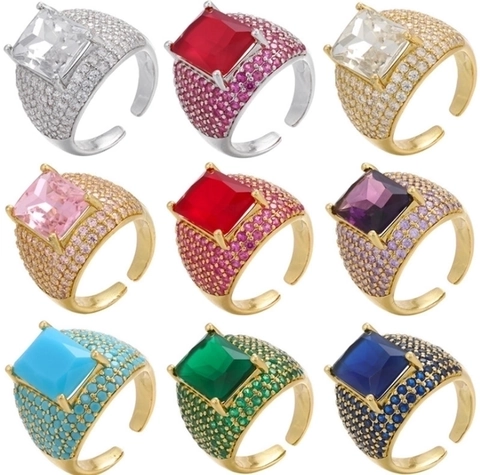 Square Zircon Copper Ring Iced Out Micro Pave Large Rhinestone Adjustable Hip Hop Exaggerated Jewelry For Men Women