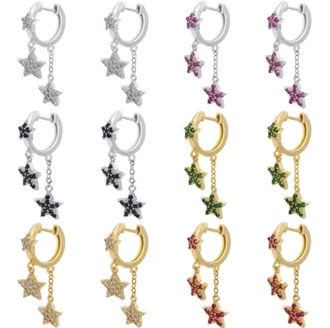 Orecchini a Cerchio con Nappina a Stella Moda Zirconia Colorata Intarsiata Rame Placcato Oro Argento Pendenti Donna