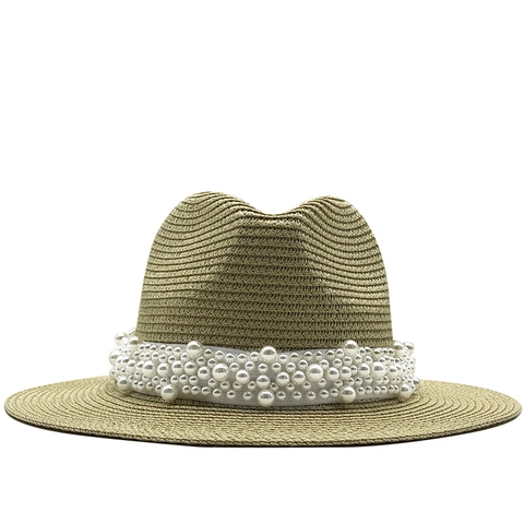 Cappello Fedora Di Paglia Da Donna Con Nastro Di Künstliche Perle Tesa Larga Protezione Solare Estate Spiaggia Jazz Elegante Traspirante