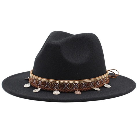 Ethnic Style Wide Brim Fedora Hat Retro Felt Jazz Cap With Bohemian Band And Metal Coin Pendants