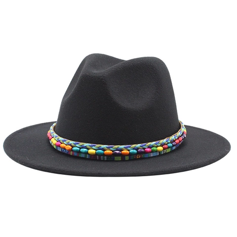 Fedora Hat For Women And Men Wool Felt Wide Flat Brim Ethnic Bohemian Colorful Beaded Band Vintage Jazz Style