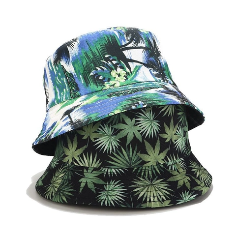 Cappello A Secchiello Reversibile Tela Cotone Stampa Palma Tropicale Foglia Protezione Solare Cappello Da Sole Esterno Uomo Donna