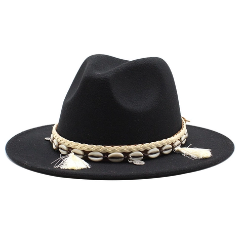 Sombrero Fedora De Ala Ancha Fieltro De Lana Estilo Étnico Concha Borla Banda Trenzada Jazz Viaje Unisex
